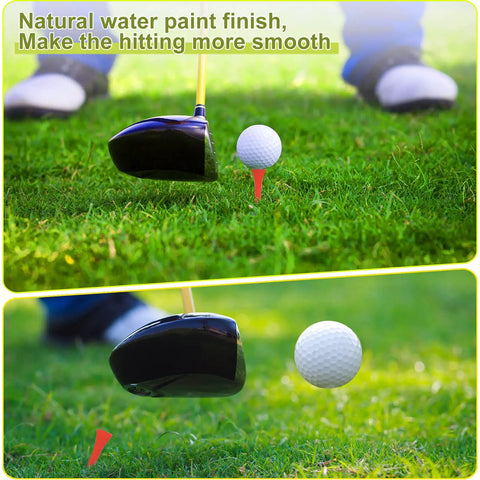 Golfer using colorful wooden golf tees, three and a quarter inch long, unbreakable, for practice and stable drives.