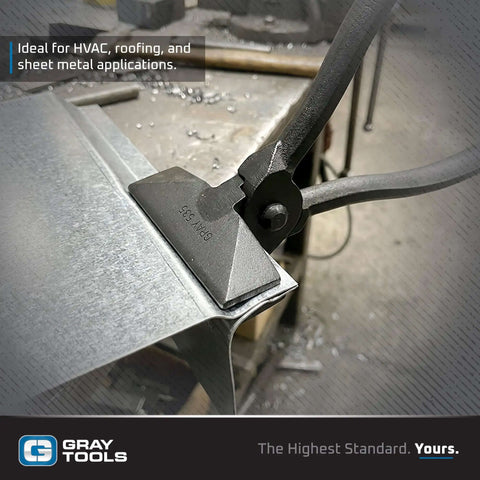 Hand Seamer Pliers For HVAC, Roofing And Sheet Metal Work, Heavy-Duty in use on metal sheet, 3-1/2 inch jaw at job site