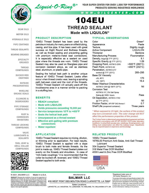Product label of 104EU Big Ol Thread Sealant For Large Threaded Connections Safe On Plastic And Metal High Pressure Water Repellent Sealant Made In The USA 5 Oz Brush Top Can.