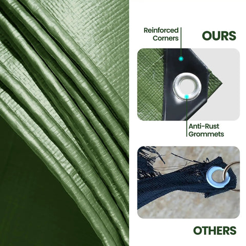 Close-up of 12 By 16 Foot Heavy Duty Waterproof Camping Tarp With 5 Mil Thickness And Grommets Green, highlighting reinforced corners and anti-rust grommets.