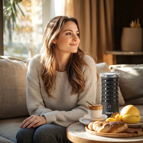 Woman sitting on couch next to 4 In 1 Electric Milk Frother For Hot And Cold Foam, Temperature Control And Auto Shut Off.