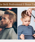 Pro Grade Hair Cutting Scissors 6.5 Inch Razor Edge Barber Shears in use on man and child for salon quality cuts