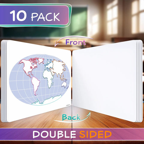 Continents Map Practice Sheets 9x12 Dry Erase World Globe Sheets Pack of 10 showing double-sided design in classroom setting.