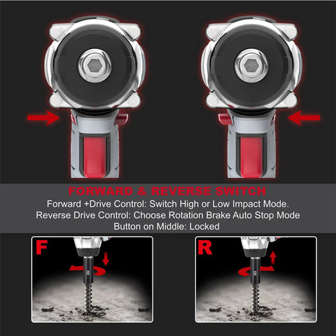 Forward and reverse switch detail of 20V Cordless Compact Impact Wrench Kit with 1/2 Inch and 1/4 Inch chucks.
