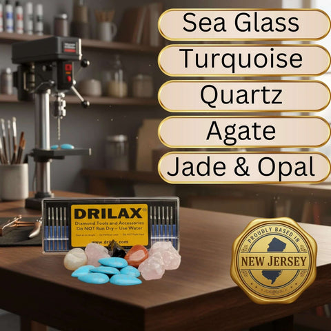 Front view of Drilax 30-Piece Diamond Drill Bit Set with 1/8 in shank; DRILAX case on a workbench with sea glass nearby
