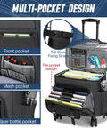 Detachable Wheels Rolling Teacher Tote Bag with multi-pocket design, showing front, mesh, and water bottle pockets with 15.6 inch laptop compatibility.