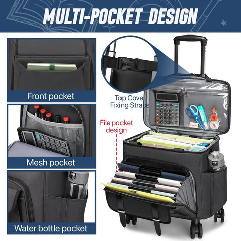 Detachable Wheels Rolling Teacher Tote Bag with multi-pocket design, showing front, mesh, and water bottle pockets with 15.6 inch laptop compatibility.