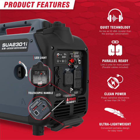 Portable Inverter Generator 2300W For RVs Camping Tailgating And Home Backup Quiet 52 dB EPA CARB Compliant 80cc OHV Engine features