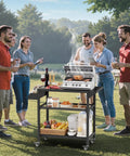 Group enjoying barbecue around All Weather Outdoor Grill Table On Wheels For Patio Garden And Camping Heavy Duty Movable BBQ Prep Cart