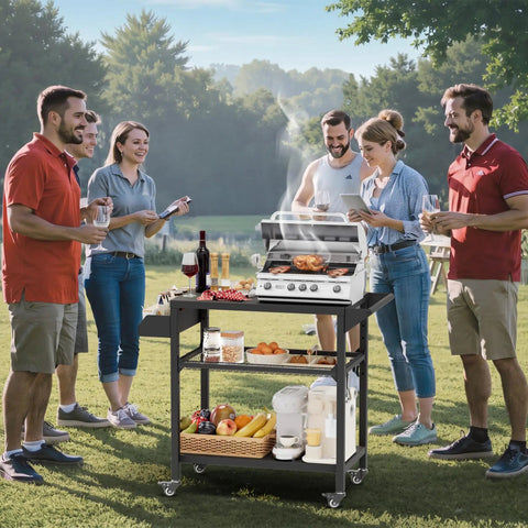 Group enjoying barbecue around All Weather Outdoor Grill Table On Wheels For Patio Garden And Camping Heavy Duty Movable BBQ Prep Cart
