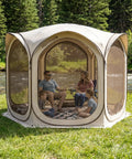 Family inside 10x10 Ft Pop Up Screen House Tent With Mesh Doors Portable Instant Screen Room Gazebo UV Shield Silver Coated Mesh Easy Setup For Patio Backyard Deck Camping Outdoor Comes With Carry Bag Beige near river