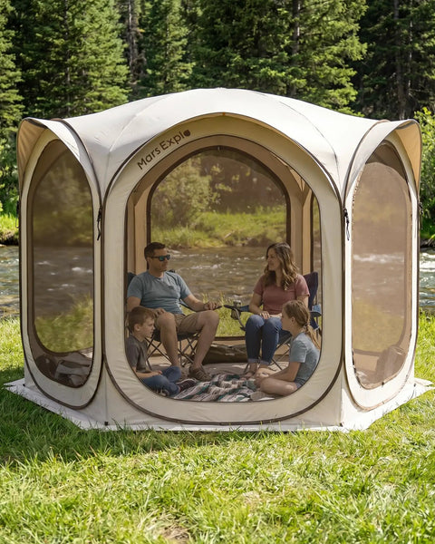 Family inside 10x10 Ft Pop Up Screen House Tent With Mesh Doors Portable Instant Screen Room Gazebo UV Shield Silver Coated Mesh Easy Setup For Patio Backyard Deck Camping Outdoor Comes With Carry Bag Beige near river