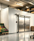 Shop Grade Modular Walk In Cooler And Freezer Combo For Restaurant Food Storage Quick Snap Together Insulated Cold Room Kit with sliding doors and fresh produce displays.