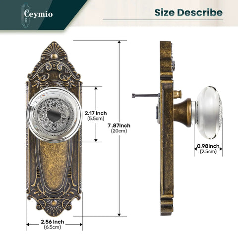 Crystal Door Knob Set With Privacy Lock In Antique Brass Base Glass Door Handle With Vintage Vibe For Bedroom Bathroom Hall Closet Solid Metal Build With Easy Install And Adjustable Backset Two And Three Eighths Or Two And Three Quarters Inch shown in detailed dimensions