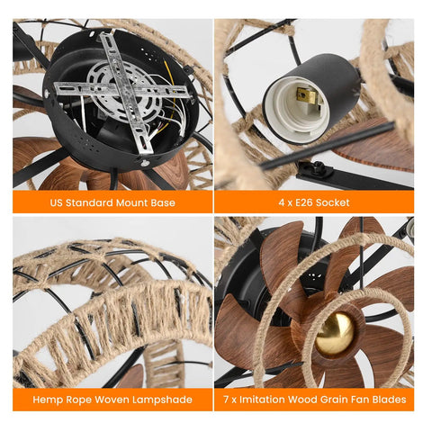 Close-up of Caged Low Profile Ceiling Fan With Light 20 Inch Flush Mount Boho Hemp Rope Farmhouse Style details and components