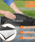 Close-up of camping chair's padded tear-resistant fabric with labels describing breathable and comfortable support.