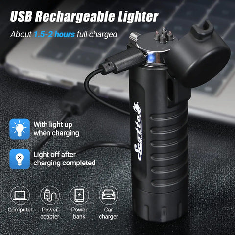 Black USB rechargeable Windproof Plasma Arc Lighter And LED Flashlight 2 In 1 For Camping Hiking And Emergencies charging