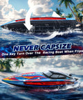 Fast RC Boat For Pool And Lake Hits 20 Plus MPH With 40 Plus Minute Run Time 7 LED Light Modes Self Righting Remote Control Racing Boat For Kids 2.4GHz Summer Water Toy Gift, showing self-righting feature with scenic background.