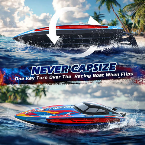 Fast RC Boat For Pool And Lake Hits 20 Plus MPH With 40 Plus Minute Run Time 7 LED Light Modes Self Righting Remote Control Racing Boat For Kids 2.4GHz Summer Water Toy Gift, showing self-righting feature with scenic background.