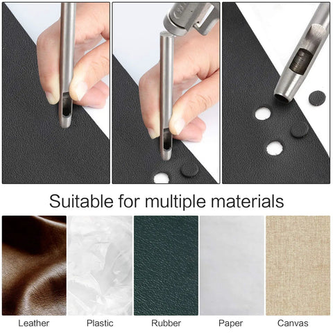 Demonstration of 15 Piece Leather Hole Punch Kit With Hollow Steel Punches for belts, paper, canvas, leather, and plastics