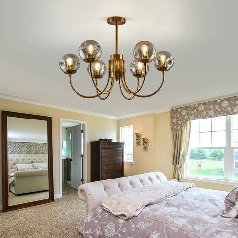 Gold 6-Light Sputnik Chandelier With Glass Shade, Modern Farmhouse Ceiling Pendant Light Fixture in a bedroom setting