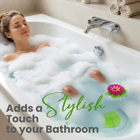 Flower Power Bathtub Drain Stopper With Chain Pink Green Universal 4 1 4 Inch Bath Plug in use in bubble-filled tub.