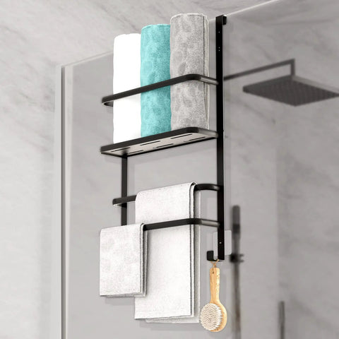 Over the Door Towel Rack for Bathroom Three Tier Behind Door with Hook Matte Black displaying towels and brush