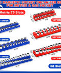 Magnetic Socket And Wrench Organizer Set For Tool Box Drawer, Six Magnetic Racks Hold Twenty Wrenches And Sockets, SAE And Metric Labels