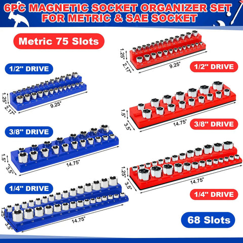 Magnetic Socket And Wrench Organizer Set For Tool Box Drawer, Six Magnetic Racks Hold Twenty Wrenches And Sockets, SAE And Metric Labels