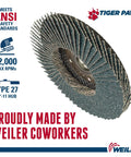 Tiger Paw XHD Ultra High Density Zirconia Alumina Flap Disc Type 27 with phenolic backing and grit detail, side angle
