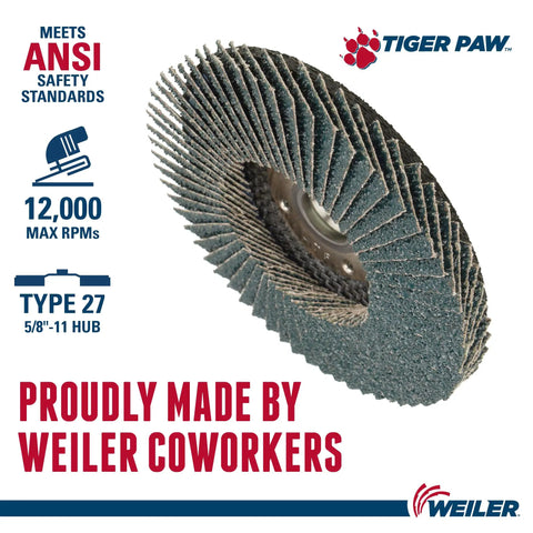 Tiger Paw XHD Ultra High Density Zirconia Alumina Flap Disc Type 27 with phenolic backing and grit detail, side angle