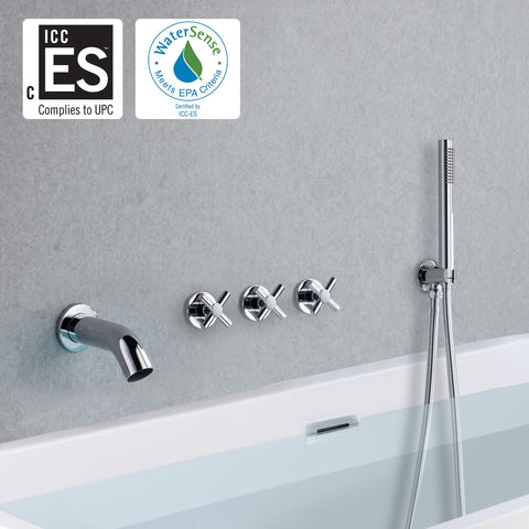 Wall Mount Tub Filler Waterfall Faucet With Handheld Shower Chrome Finish, Easy Install, shown in a bathroom setting.