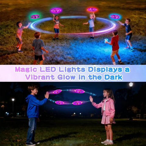 Kids playing with Kids UFO Drone With Hand Gesture Control And LED Lights Indoor Outdoor Hover Boomerang Mini Flying Orb Gift
