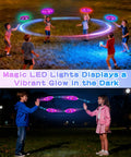 Kids playing with Hand Operated UFO Drone For Kids Aerial Flying Ball With Gesture Control And 360 Flip Easy Throw And Launch in purple under glowing LEDs at night.
