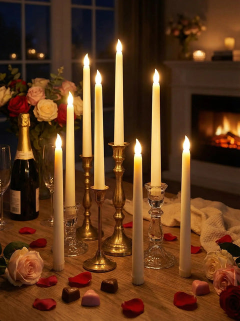 Flameless LED Taper Candles Bulk 48 Pack Battery Operated Realistic Flicker for Wedding Church Graduation Party Home Decor Ivory Classic Style Fits Standard Holders Requires Two AAA Batteries Not Included, displayed on a table with roses and candle holders.