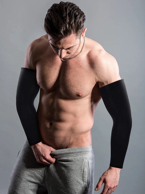 Man wearing black Unisex UV Protection Arm Sleeves Set 12 Pairs Long Cooling Cover For Outdoor Adventures, showing wrist to elbow coverage.