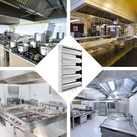 Collage of commercial kitchens and Heavy Duty Commercial Range Hood Grease Filters, 19.5Wx19.5Hx1.9In, stainless steel.