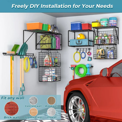 Heavy Duty Garage Wall Shelf With Wire Baskets, Tool Rack And Hooks installed on garage wall, organizing various items