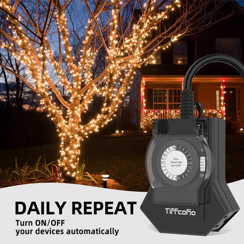 Super Reliable Plug In Outdoor Timer With 24 Hour Mechanical Control Heavy Duty Build Featuring Three Grounded Outlets Quick Setup Set It Forget It Ease Perfect For Patio Lights And Garden Gear next to a tree wrapped in lights.
