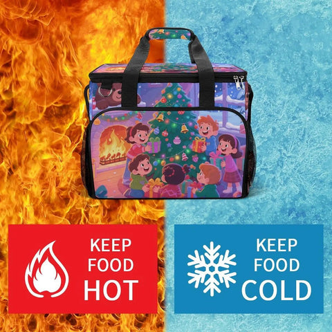 Colorful insulated picnic backpack cooler with 30L capacity, featuring festive design, against fire and ice background, highlighting hot and cold features.