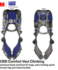 ExoFit X300 Comfort Vest Positioning Safety Harness For Fall Protection With Aluminum Back And Hip D Rings, Auto Locking Quick Connect Buckles, OSHA ANSI General Industry, XS, front and back view.