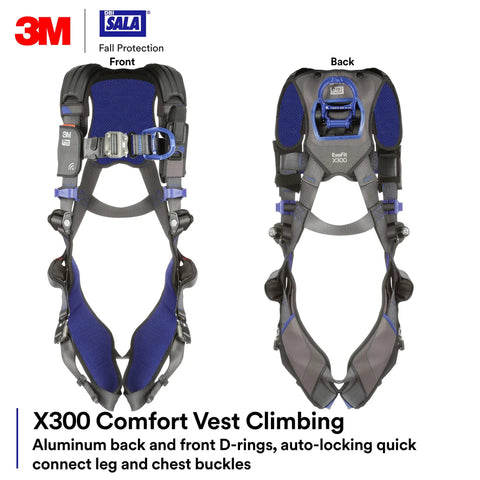 ExoFit X300 Comfort Vest Positioning Safety Harness For Fall Protection With Aluminum Back And Hip D Rings, Auto Locking Quick Connect Buckles, OSHA ANSI General Industry, XS, front and back view.