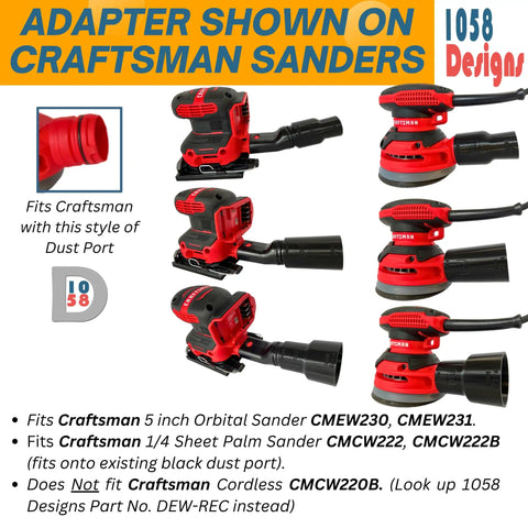 Universal Sander Vacuum Adapter 1-1/4 Inch Hose for Dust Collection shown installed on various Craftsman sanders.
