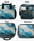 Various views of a blue marbling insulated picnic backpack lunch bag for women and men, super portable lunch tote with plenty of room, keeps food fresh.