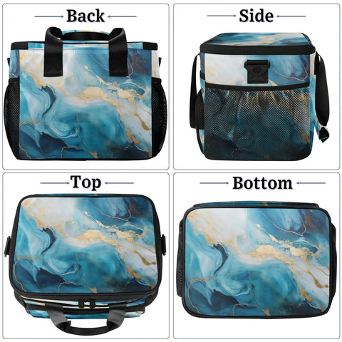 Various views of a blue marbling insulated picnic backpack lunch bag for women and men, super portable lunch tote with plenty of room, keeps food fresh.