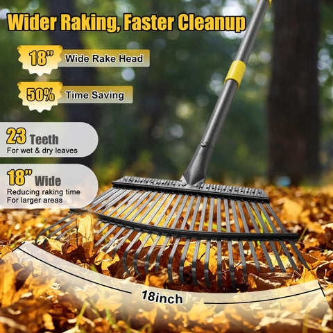 Beast Heavy Duty Metal Garden Leaf Rake 18 Inch Wide Head With 65 Inch Adjustable Handle 25 Steel Tines in autumn leaves.