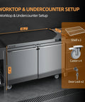 Top Shelf Pro Build Commercial Undercounter Freezer With 48 Inch Stainless Steel Worktop Table, 13.4 Cu Ft Capacity double door setup.