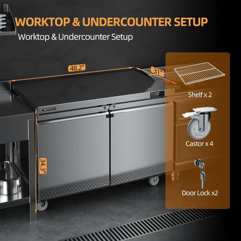 Top Shelf Pro Build Commercial Undercounter Freezer With 48 Inch Stainless Steel Worktop Table, 13.4 Cu Ft Capacity double door setup.