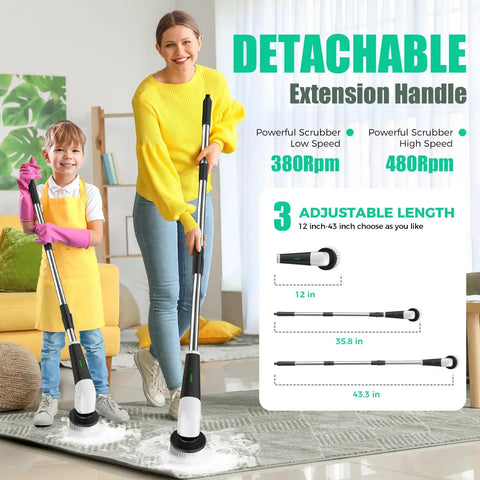 Electric Spin Scrubber Cordless Power Cleaning Brush With Long Handle And 8 Interchangeable Heads For Tub, Tile, Floors, Grout, Glass, Sinks, Corners And Car Wheels Two Speeds Up To 480 RPM Perfect For Tough Grime with detachable extension handle and adjustable length