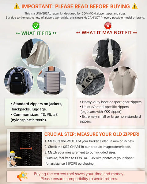 Universal Zipper Repair Kit 200 Pcs With Sizes 3, 5, 8, 10 And YKK Compatible Sliders usage guidelines and compatibility chart